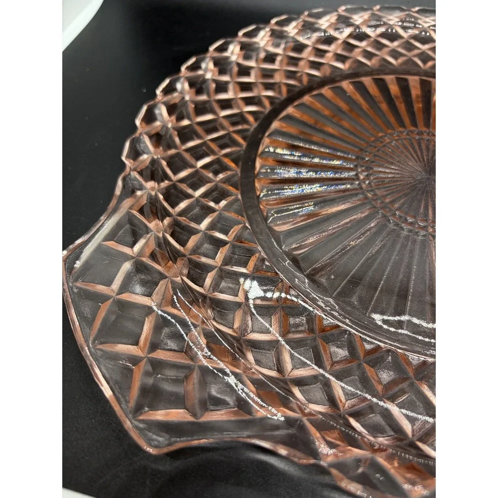 Vtg Anchor Hocking Waterford Pink Glass Round Platter Cake Plate Handled 10